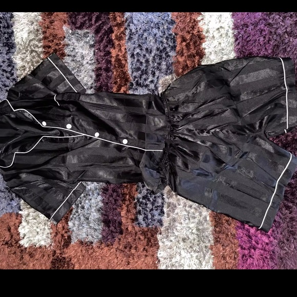 Women Elegant Lounge Set Satin Striped Button Up short Sleeve Shirt&Pants PJ - Picture 4 of 4